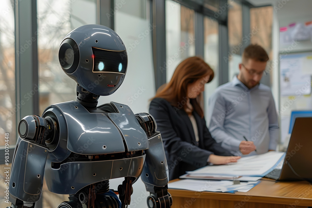 Poster humanoid robot with energy efficiency rate in front of businesspeople working on documents