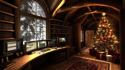 The room is adorned with holiday decor and twinkling lights, featuring a wooden desk filled with books and art supplies as snowflakes fall outside