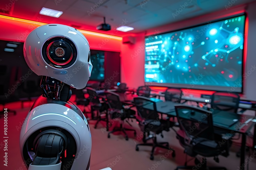 Poster humanoid robot leaning new skill online. watching video tutorial, ai, artificial intelligence, code,