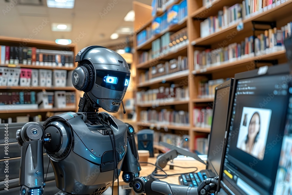 Poster humanoid robot using headphone while video conferencing on computer