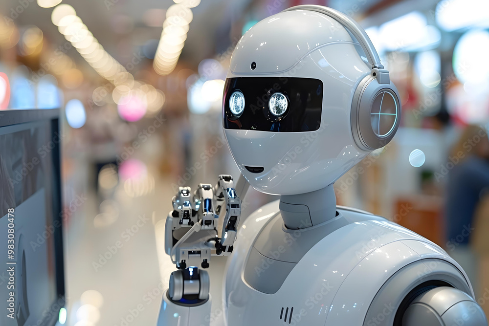 Poster humanoid robot using headphone while video conferencing on computer