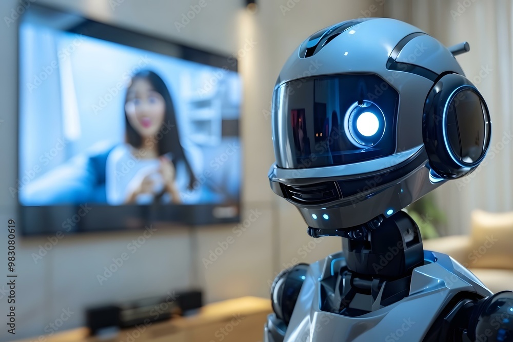 Aufkleber over the shoulder view of a humanoid robot having a videochat with its attractive young girlfriend w