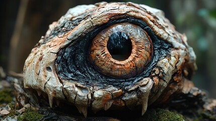 Mystical Forest Creature Eye: A Surreal Wooden Sculpture