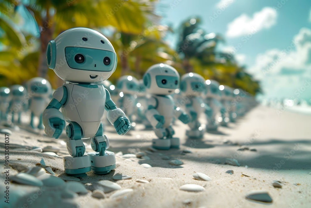 Poster humanoid robot standing in a row on tranquil beach with palm trees in the background.