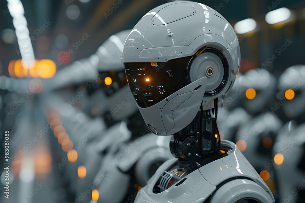 Aufkleber humanoid robot operators using scada system at industrial plant