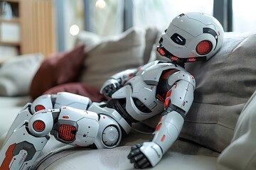 High angle view of humanoid robot suffering from stomachache on sofa at home.