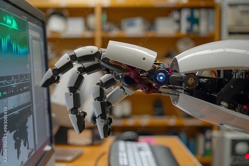 Poster side view of humanoid robot's hand analyzing data on computer over desk