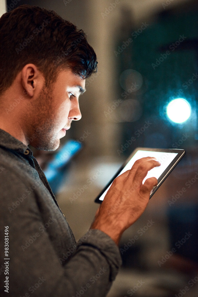Poster design, night and tablet with business man in office for planning, research or web development. app,