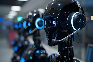 Humanoid Robot Receptionist in Tech Support Call Center, black, artificial intelligence, customer service, futuristic, headset, communication.