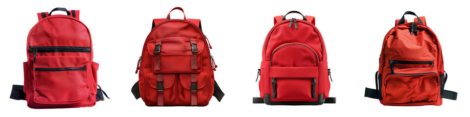 Collection of backpacks red isolated on transparent or white background 