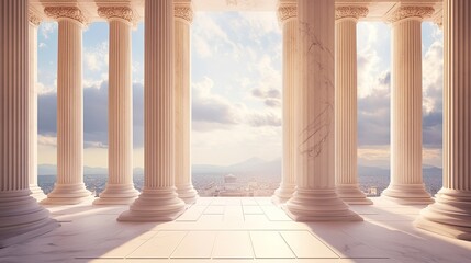 Fototapeta premium A large, empty room with columns and a view of a city