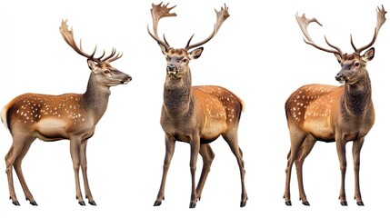 Obraz premium Three deer standing in a row, one with antlers and the other two without