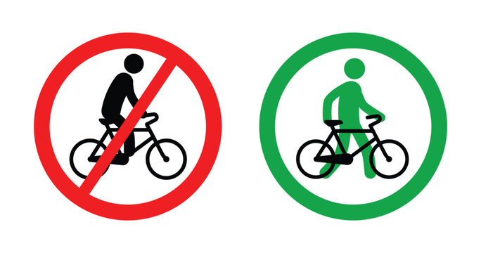 no cycling bicycle bike permitted dismount sign symbol set of 2 simple vector on transparent background