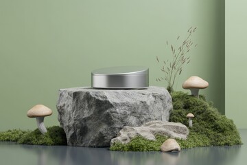 Minimalistic Still Life with Modern Metallic Object on Rock with Natural Elements - Design for Print, Card, Poster