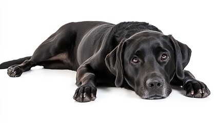 A black dog is laying on a white background