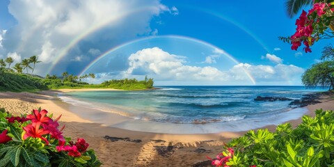 Obraz premium A beautiful beach with a rainbow in the sky and a blue ocean. The beach is surrounded by palm trees and there are flowers in the foreground