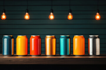 Colorful beer cans arranged on a wooden bar counter with dim, cozy lighting, beer cans, craft brewery aesthetic concept