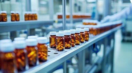 A row of pill bottles on a conveyor belt in a factory