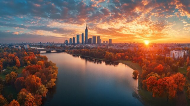 Aerial panorama of Siekierkowski Bridge over Vistula River, showcasing Warsaw's skyscrapers in vibrant autumn hues at sunset.