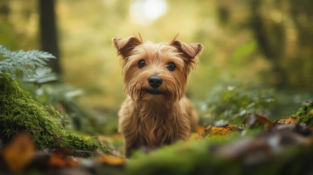 An adorable Norfolk Terrier frolics through a lush forest, its playful spirit captured in a captivating portrait.