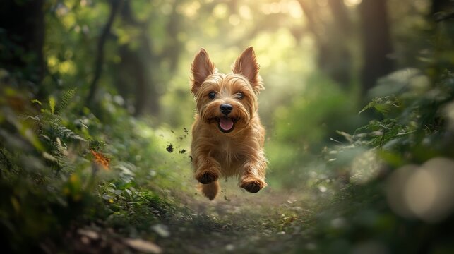 An adorable Norfolk Terrier frolics through a lush forest, its playful spirit captured in a captivating portrait.
