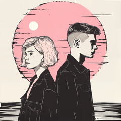 A stylized illustration of a man and woman standing back-to-back, with a pink sun-like circle in the background.