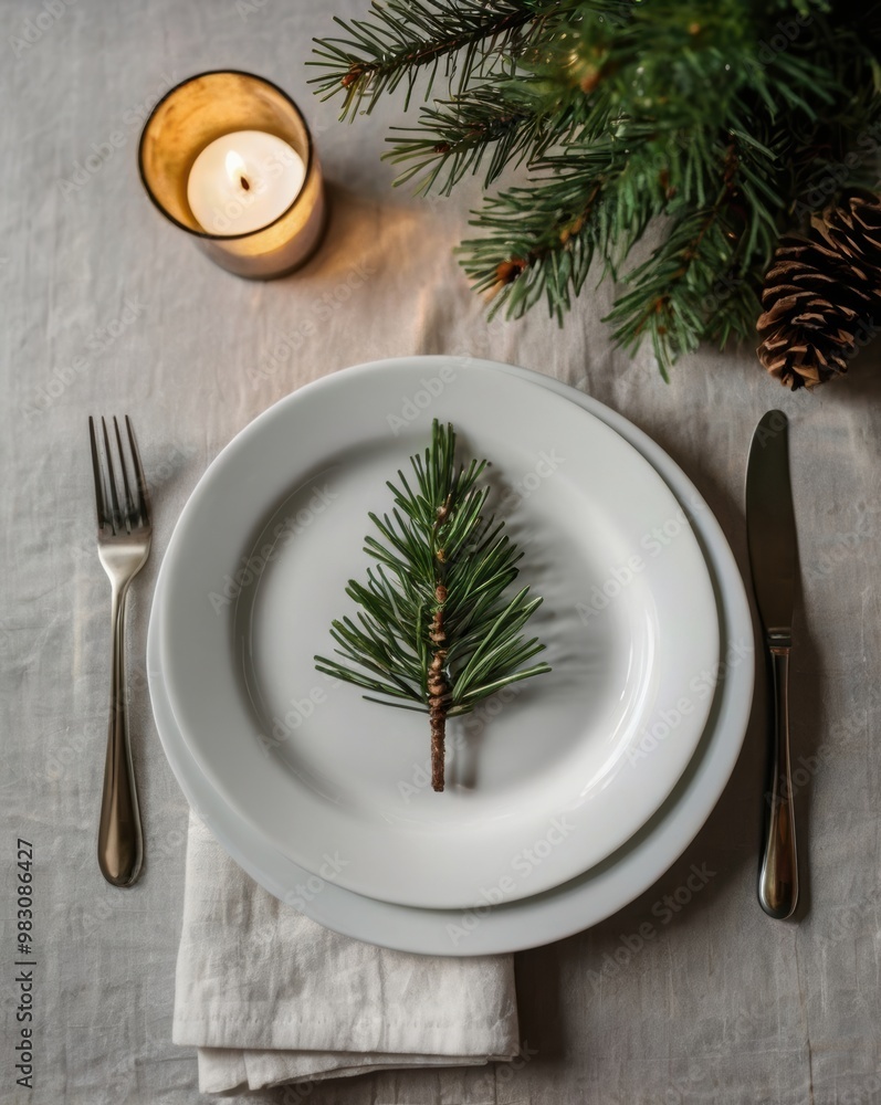 Wall mural a plate with a pine branch on it sits on a table with a fork and knife. christmas, christmas tree