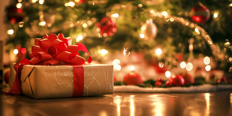 A close-up of a beautifully wrapped Christmas present with a big red bow, placed under a decorated tree with twinkling lights and shiny ornaments.