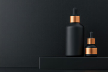 Obraz premium Twotone serum bottle with matte black and metallic gold finishes, placed on a reflective black surface, serum bottle, highend luxury concept