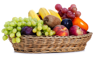 fresh fruits in a square basket on white background isolation