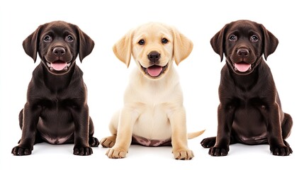 Obraz premium Three puppies are sitting in a row, with one being brown