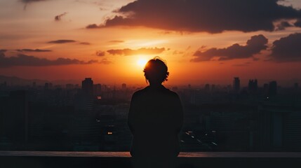 A woman is standing on a balcony overlooking a city at sunset