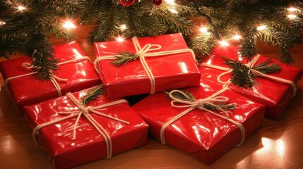A group of red presents are tied together with ribbons. Christmas, Christmas tree