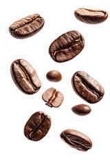 Falling coffee beans isolated on white background, clipping path, full depth of field