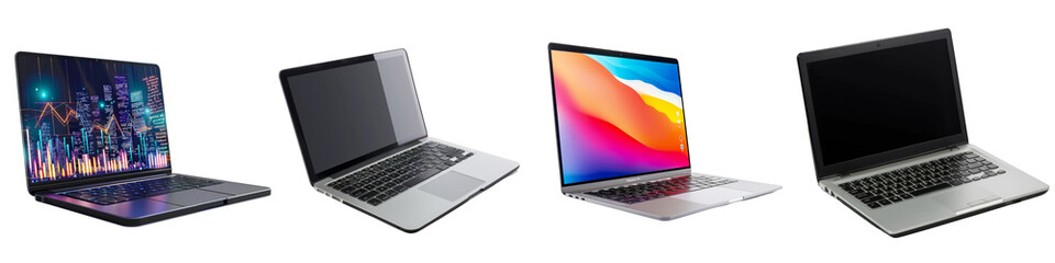 Collection of modern laptops computer isolated on transparent or white background