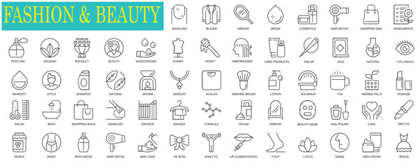 Set of Fashion and beauty web icons set in thin line design. Pack of perfume, hairdresser, manicure, salon, athletics, lip augmentation, skin cream, other outline stroke pictograms.