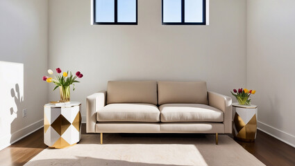 Obraz premium There is a beige modern sofa. White walls. It has a white side table with gold tones, a vase of flowers and tulips. There are no windows, and the room is very beautiful with sunlight coming in, making