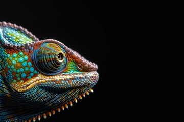 Obraz premium A colorful lizard with a green and blue face. The lizard is looking at the camera. The image has a mood of curiosity and wonder