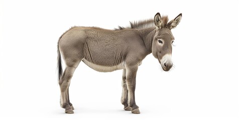 Fototapeta premium A donkey is standing in front of a white background. The donkey is looking at the camera. The image has a calm and peaceful mood