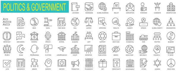 Set of Politics and government web icons in thin line design. Pack of statistics, diplomacy, tv news, debate, election, corruption, ballot, vote, other outline stroke pictograms.