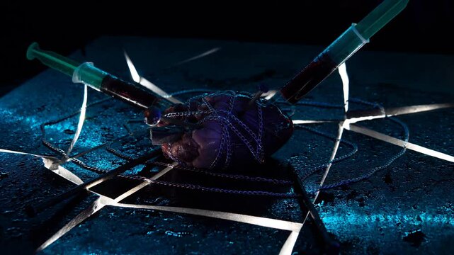 A Beef Heart Wrapped In A Chain On A Broken Stone Table