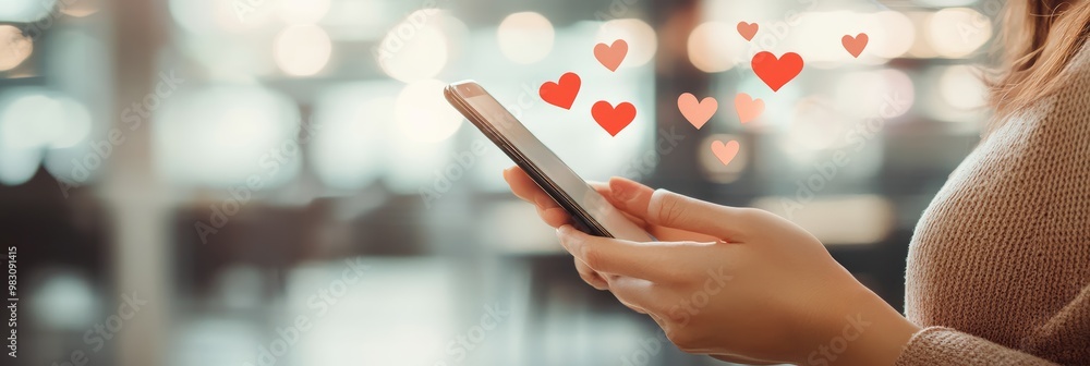 Poster using a smartphone with heart icons at sunset in an urban environment, capturing a moment of digital