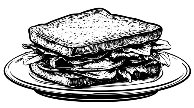 Close-up of a classic deli sandwich cut in half on a white ceramic dish, food illustration vector