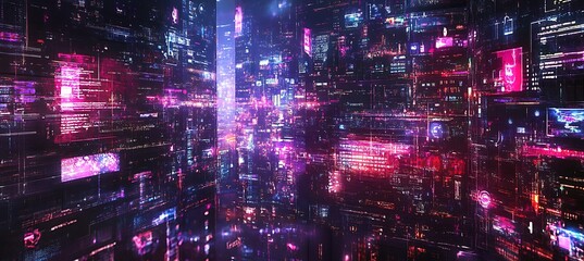A city of the future with vibrant digital grids and holographic ads





