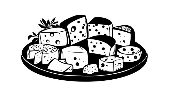 Multiple cheeses arranged in rows on a rectangular serving board, food vector illustration