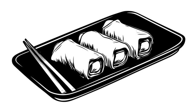 Spring rolls methodically positioned on a long, rectangular plate, food illustration vector