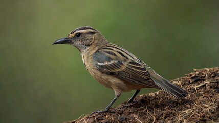 Fototapeta premium Small Brown Bird Perched on Earthy Ground with a Soft Green Background
