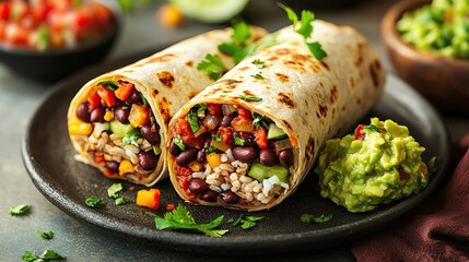 vegetarian and vegan dishes, Delicious burrito filled with beans and fresh vegetables, served with guacamole, perfect for a tasty meal or snack.
