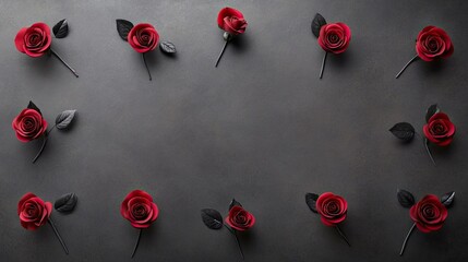 A rich black background adorned with vibrant red roses and detailed black leaves on the edges creates a striking wallpaper ideal for various design projects