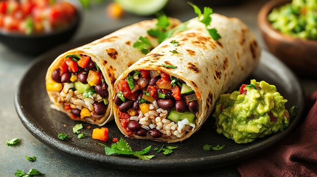 vegetarian and vegan dishes, Delicious burrito filled with beans and fresh vegetables, served with guacamole, perfect for a tasty meal or snack.